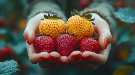 Female holding ripe strawberry in hands. Harvest of fresh juicy strawberries on farmの素材