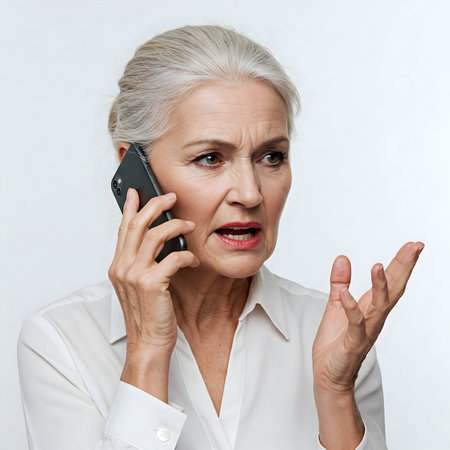 An older woman with gray hair is angrily talking on her phone while gesturing with her hand, likely for communication or dispute resolution.の素材