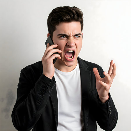 A young man in a blazer is visibly angry, shouting into his cellphone with a raised hand, which can be used to express frustration or communication breakdown.の素材