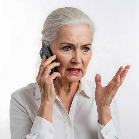 An older woman with gray hair and an angry expression is talking on her phone, possibly in the midst of a heated discussion for communication scenarios.の素材