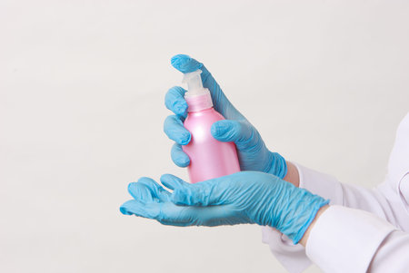 Hands hold a bottle of disinfectant spray and spray. Hands in the process of cleaning with a medical...