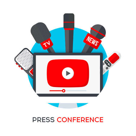 Online press conference icon. Desktop with press conference live video. Computer with microphones and voice recorders. Online mass media event. internet interview concept. vectorのイラスト素材
