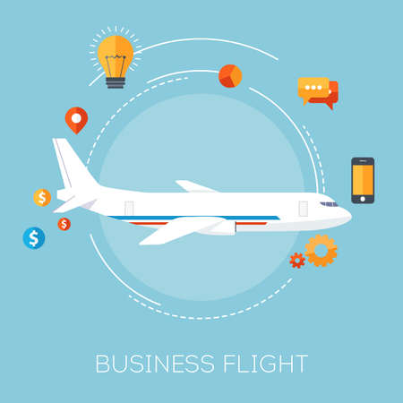 Business flight flat design style concept. Modern vector illustration of airplane in the blue sky with business icons. vector illustrationのイラスト素材
