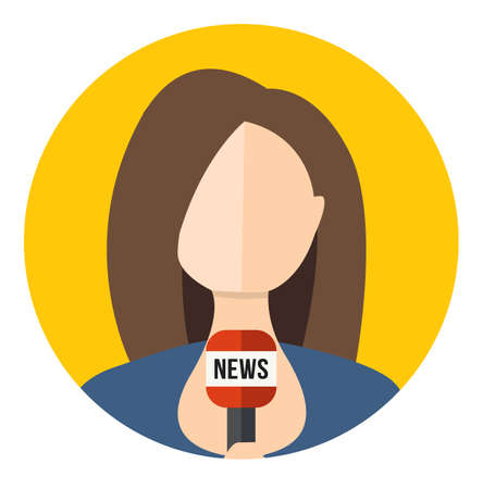 Female journalist with mic. Girl newsreader avatar icon. Woman TV reporter flat icon in circle isolated on white background. faceless woman holding microphone. vector iconのイラスト素材
