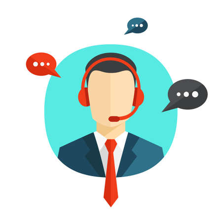 Call center flat icon. Male call center operator avatar icon with colorful speech bubbles. technical support icon. Client services and communication concept. vector illustrationのイラスト素材
