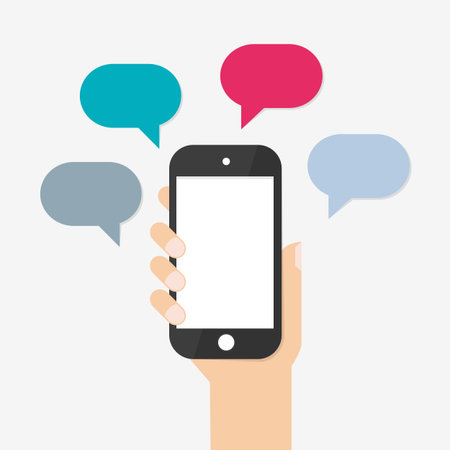 Hand holding smartphone with blank speech bubbles for chat comments. Text messaging flat design concept. Empty message box from telephone. vector elementのイラスト素材
