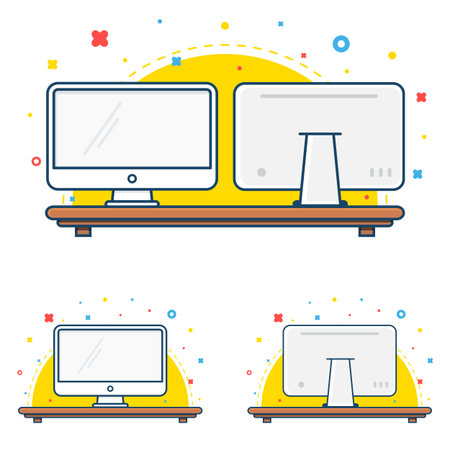 computer screen icon. Front and back view. Desktop monitor flat thin line icon. PC display icon. Cartoon style icon isolated on white background. vector elementのイラスト素材