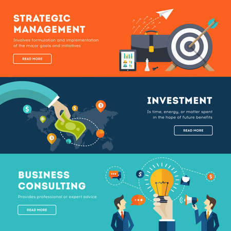 Business flat banner set. Quality design illustrations, elements and concept for business, finance, strategic management, money investment, great idea, consulting, teamworkのイラスト素材