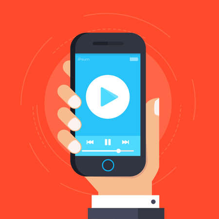 Hand holding smartphone with video player on the screen. Play video on mobile phone. Streaming on cellphone concept. Film, movie, podcast, tv, cinema watching on smartphone. vectorのイラスト素材