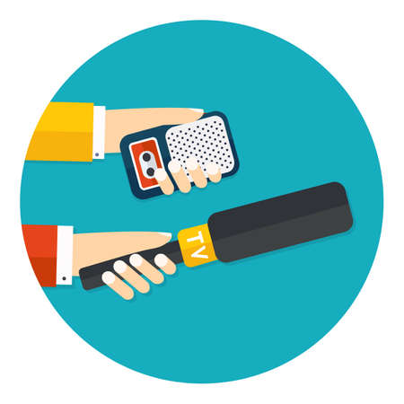 paparazzi icon. Hands holding microphone and voice recorder. press interview. Live news concept. mass media reporters. Flat illustration in circle isolated on white backgroundのイラスト素材