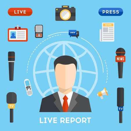 Vector live report concept, live news. Mass media flat style illustration. Live press conference concept. Male interviewer with journalism elements around him. vector illustrationのイラスト素材