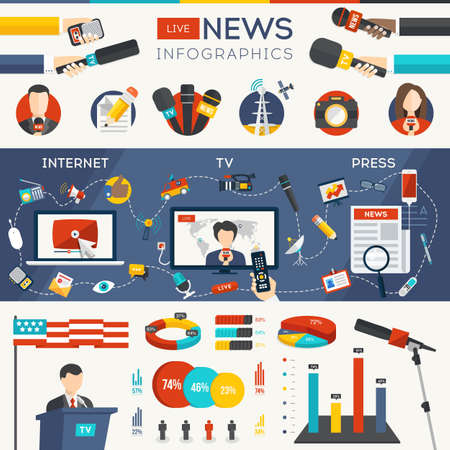Live news infographic set with charts and collection of icons. Mass media television news, press design elements. Hands of journalists with microphones for interview. vectorのイラスト素材
