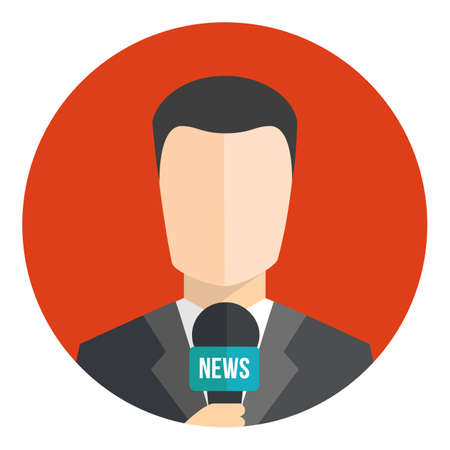 Man newsreader avatar icon. live report concept. live news reporter. Male journalist with microphone. Flat icon in circle isolated on white background. vector iconのイラスト素材