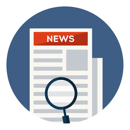 Newspaper with loupe icon. Daily press news concept. Paper page news with magnifying glass. Searching breaking news on newspaper. Flat icon in circle isolated on white backgroundのイラスト素材