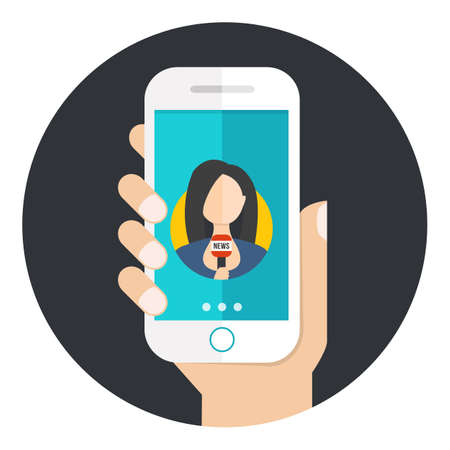Live news on mobile phone with newsreader. Hand holding smartphone with female news reporter. Woman journalist with microphone on smartphone. vector iconのイラスト素材