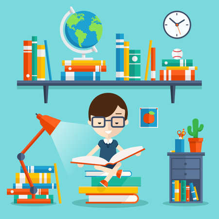 Read books concept. Education and school, study and literature. Kid sitting on stock of books and read his favorite book next to the bookshelf, lamp, bedside table. Vectorのイラスト素材