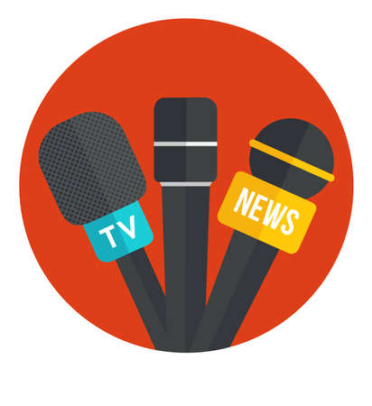 TV news microphone icon. reporter equipment. Press conference, interview concept. live news reporting. Flat icon in circle isolated on white background. vector iconのイラスト素材