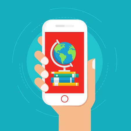 Online learning on mobile phone. Hand holding smartphone with globe and stock of books on the screen. distance education. online school concept. Study course on cellphone. vector iのイラスト素材