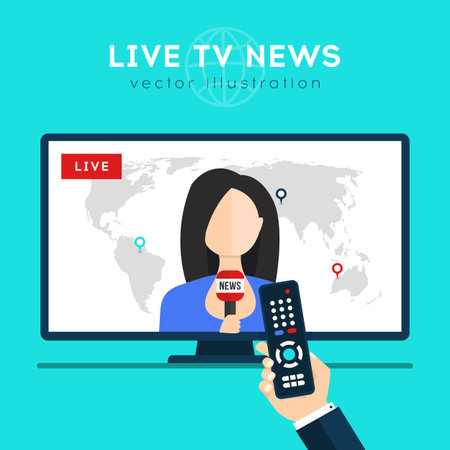 Live news on TV with female newsreader. Hand holding remote control and watching breaking news on...
