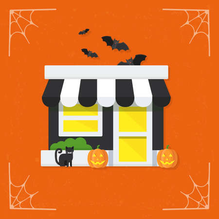 Halloween store icon. Mystery spooky shop market. Halloween illustration isolated on stylized dark background. vector illustrationのイラスト素材