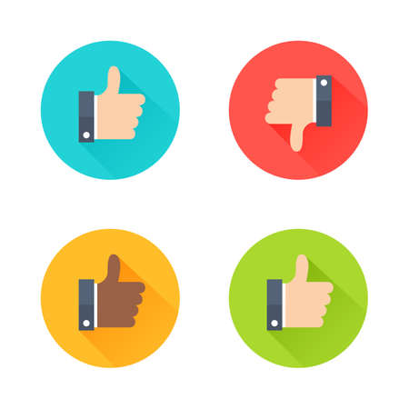 Like, dislike flat style icon set. Thumb up and down icons in cartoon style. Colorful approve buttons. vector elementsのイラスト素材