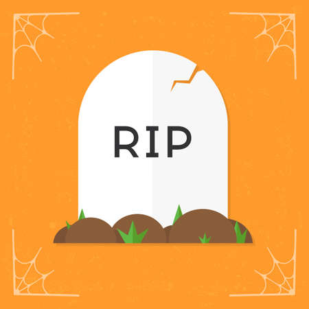 grave icon. Cartoon RIP icon. Funny white stone grave icon. Cracked tombstone illustration with ground and grass. Halloween illustration isolated on stylized orange background. Vecのイラスト素材