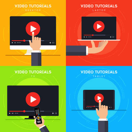 Video tutorial concepts. Online education on desktop, laptop, TV and tablet. Digital learning in cartoon style. Internet conference and webinar. distance study by video courseのイラスト素材