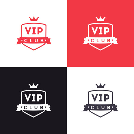 VIP club logo. Exclusive membership badge. Vip club icon design with red crown and ribbon. Creative modern member pass. Premium celebrity access card. Prestige symbol. vector elementのイラスト素材