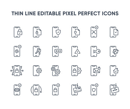 Phone security vector line icons. Smartphone internet privacy and protection icon collection. Telephone network security symbols. Editable pixel perfectのイラスト素材