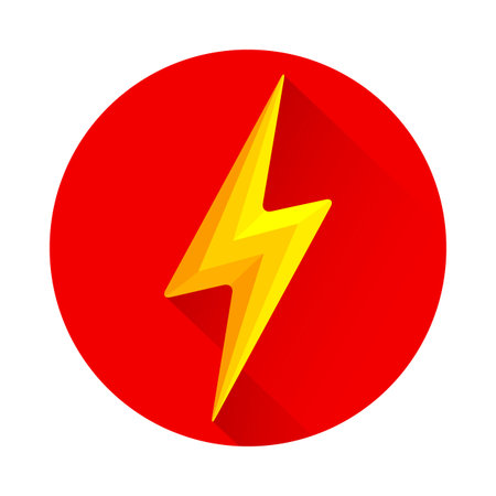 Lightning icon flat design with long shadow. Flash symbol  in red circle on white background. Vector illustrationのイラスト素材