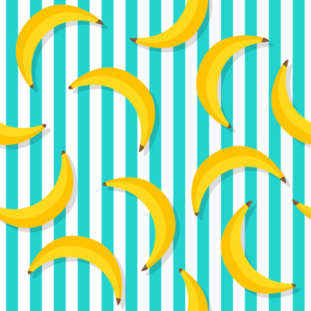 Banana pattern. Repeat banana pattern on blue stripes. Yellow bananas background. Banana print. Yellow palms fruit. Vector illustrationのイラスト素材