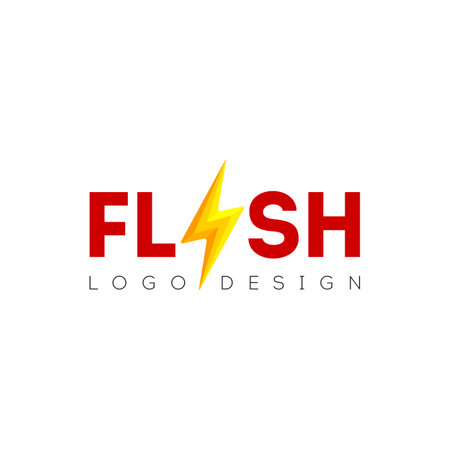 Flash logo design with lightning symbol. Abstract gold speed electricity 3D logo template. Bolt energy icon with text. Vector flash power energy speed logo designのイラスト素材