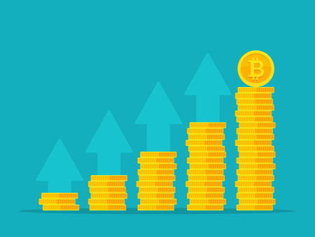 Bitcoin growth concept. Stacks of gold coins like income graph with bitcoin. Vector illustration isolated on colored backgroundのイラスト素材