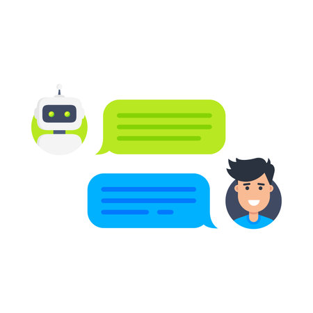 Chatbot concept. Man chatting with cute smiling robot. Dialog with bot. Vector flat modern style cartoon customer service illustration concept isolated on white backgroundのイラスト素材