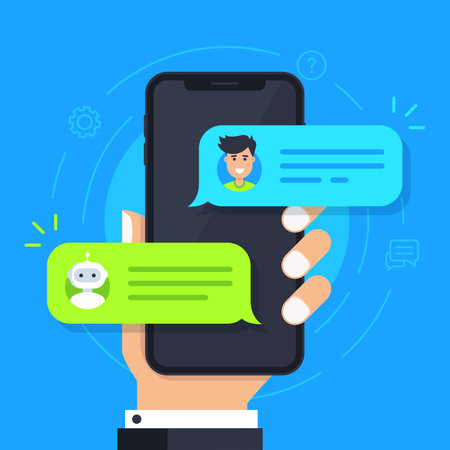 Chatbot flat icon. Man chatting with chat bot on smartphone. Hand holds phone with chat bubbles on the screen. Chat messages notification on phone. Vector modern cartoon illustrationのイラスト素材