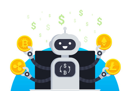 Cryptocurrency trading bot vector illustration concept. Bot makes money from cryptocurrency exchanges. Bot under the money rain from the laptop holds cryptocoins. Vector illustrationのイラスト素材