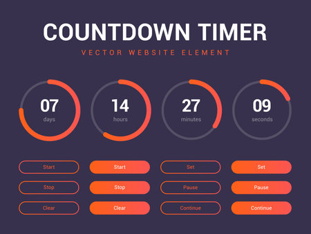 Countdown timer vector website element with buttons. Flat digital clock timer application template. Countdown timer for coming soon or under constructionのイラスト素材