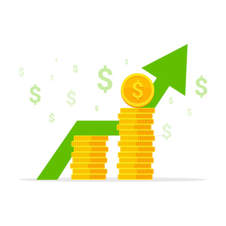 Income increase concept. Stack of golden coin like income graph. Money growth with arrow and dollars. Investment productivity growth concept. Vector illustrationのイラスト素材
