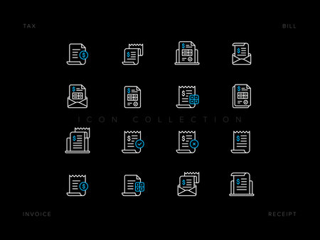 Tax, Bill, Invoice, Receipt flat line icon collection. Payment and bill invoice. Paper finance document outline icon set. Order and Tax return symbol design concept. Vector flat line icon setのイラスト素材