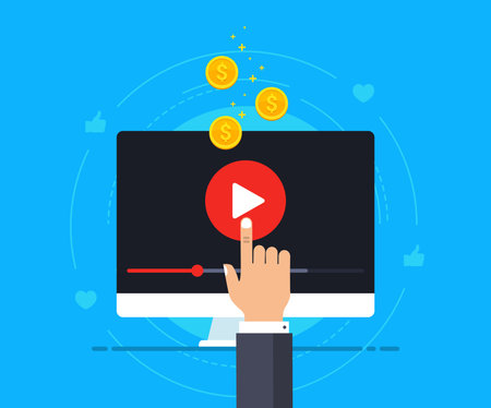 Video marketing icon concept. Making money from video content. Computer with video player and coins falling down on it. Vector illustrationのイラスト素材