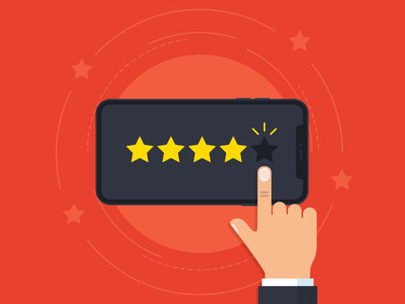 We want your feedback illustration concept. Hand want to give five star rating on smartphone. Business survey on mobile phone. Banner for promotion and advertising. Vector illustrationのイラスト素材