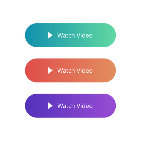 Watch video vector buttons. Video play button set in different colors isolated on white background. Flat gradient buttons. Vector modern colourful buttons collectionのイラスト素材