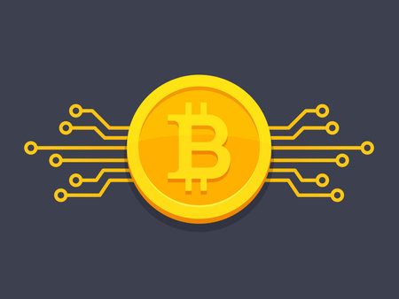 Bitcoin digital currency icon with circuit board elements. Vector illustration in flat styleのイラスト素材
