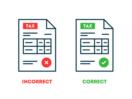 Tax return form icons. Correctly and incorrectly completed Tax form. Vector thin line icons on white backgroundのイラスト素材