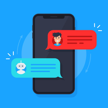 Chatbot concept. Man chatting with chat bot on smartphone. Sms bubbles on mobile phone screen. Chat messages notification from virtual assistant on telephone. Vector modern cartoon illustrationのイラスト素材
