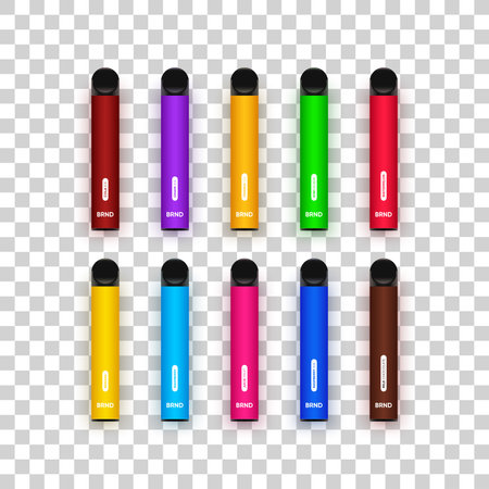 Set of colorful disposable electronic cigarettes in different flavors on transparent background. Modern smoking devices in different colours with shadow. Vector realistic high quality illustrationのイラスト素材