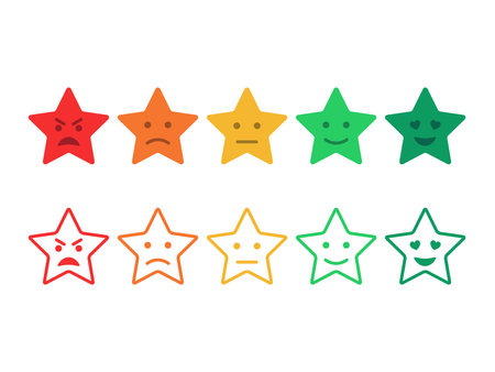 Feedback emoticon stars. Survey stars smiley set. Customer experience evaluation. Rating system stars. Level of satisfaction rating. Vector flat icon setのイラスト素材