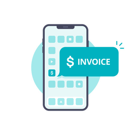 Invoice on smartphone app. Digital bill on mobile phone icon concept. Notification message on telephone with invoice payment. Online bill payment on smartphone icon. Vector illustrationのイラスト素材