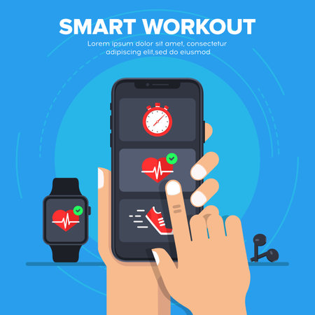 Smart workout vector illustration concept. Smartphone synchronization with a smart watch. Smart fitness training progress on smartphone connected with smartwatch. Vector illustrationのイラスト素材