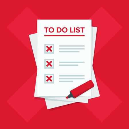 To do list icon concept. Planning sign design. All tasks are failed. Paper sheets with red cross mark. Vector flat illustration isolated on red backgroundのイラスト素材